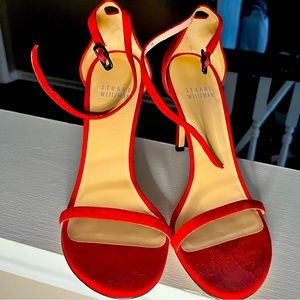 New Nudistsong Suede Ankle-Wrap High-Heel Sandals, size 7, color red